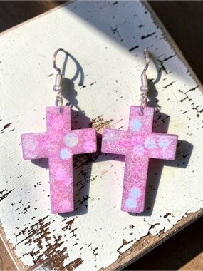 Handmade Pink Glitter Cross Earrings